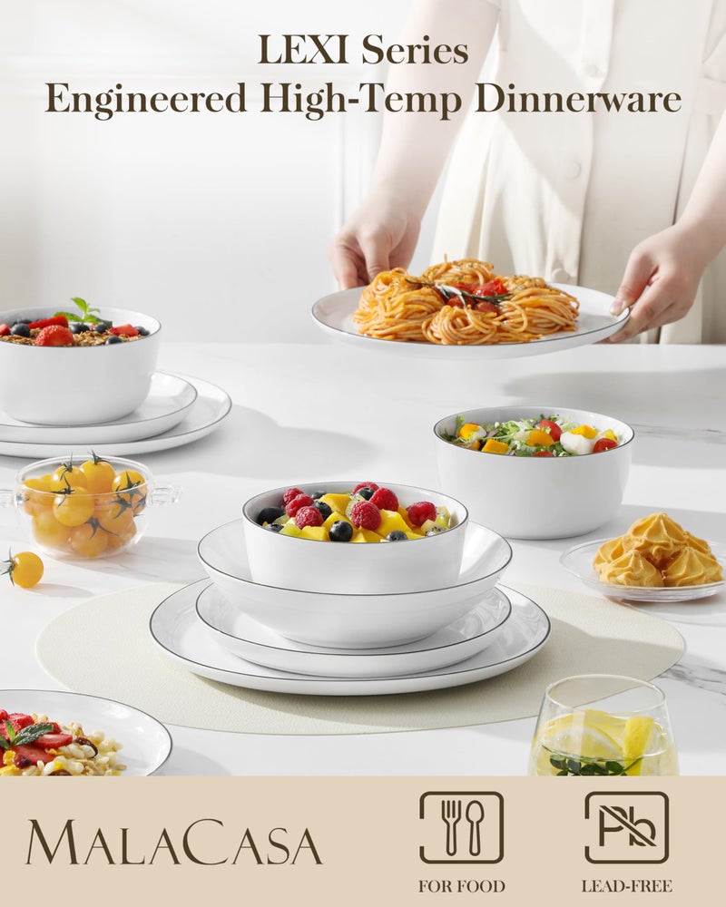 MALACASA 24 Pieces Gourmet Porcelain Dinnerware Sets, Premium Plates and Bowls Set, High-Fired Dishes Set for 6, Chip & Scratch Resistant, Microwave Dishwasher Safe, White & Black Rim, Series LEXI - Image 3