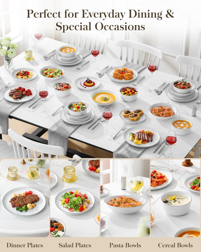 MALACASA 24 Pieces Gourmet Porcelain Dinnerware Sets, Premium Plates and Bowls Set, High-Fired Dishes Set for 6, Chip & Scratch Resistant, Microwave Dishwasher Safe, White & Black Rim, Series LEXI - Image 5