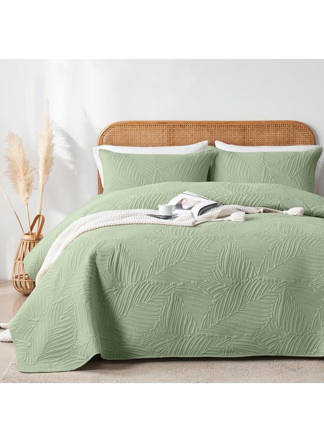 OARAGE Queen Quilt Bedding Set Soft Lightweight Sage Green Bedspread with Leaf Pattern,Ultrasonic Microfiber Bed Coverlet Full Size for All Season (1 Quilt, 2 Shams) - Image 1