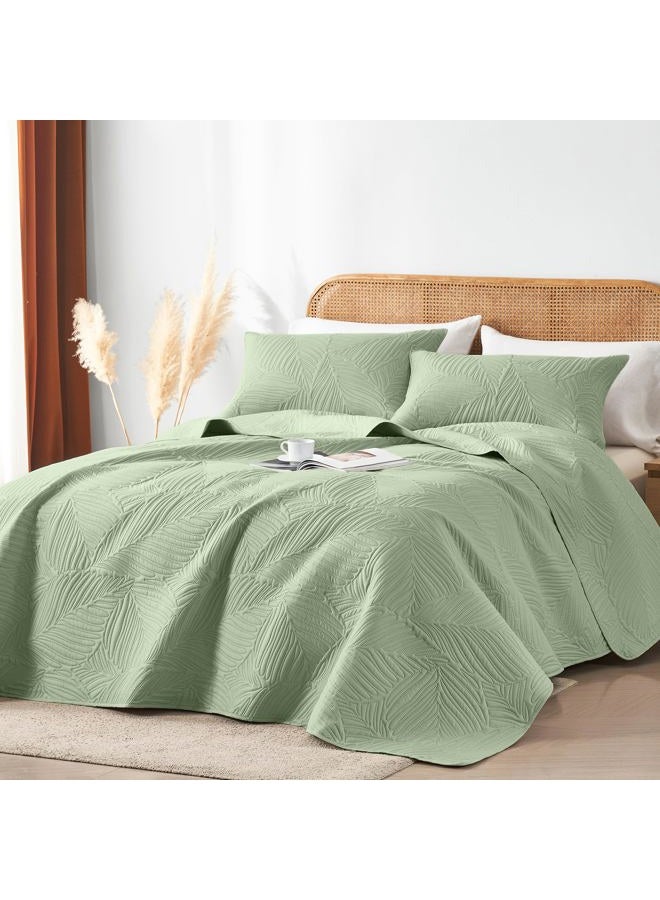 OARAGE Queen Quilt Bedding Set Soft Lightweight Sage Green Bedspread with Leaf Pattern,Ultrasonic Microfiber Bed Coverlet Full Size for All Season (1 Quilt, 2 Shams) - Image 2