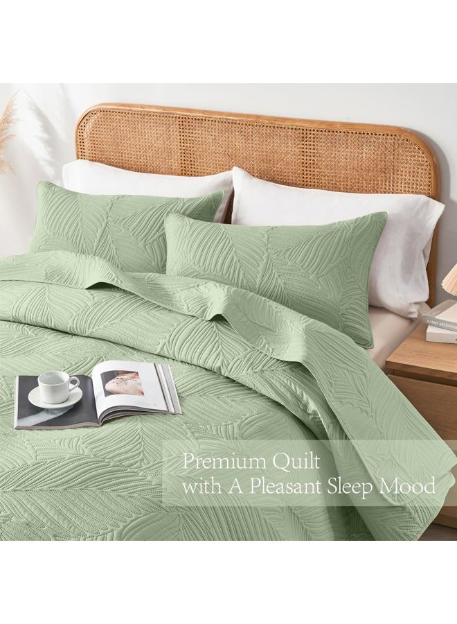 OARAGE Queen Quilt Bedding Set Soft Lightweight Sage Green Bedspread with Leaf Pattern,Ultrasonic Microfiber Bed Coverlet Full Size for All Season (1 Quilt, 2 Shams) - Image 4