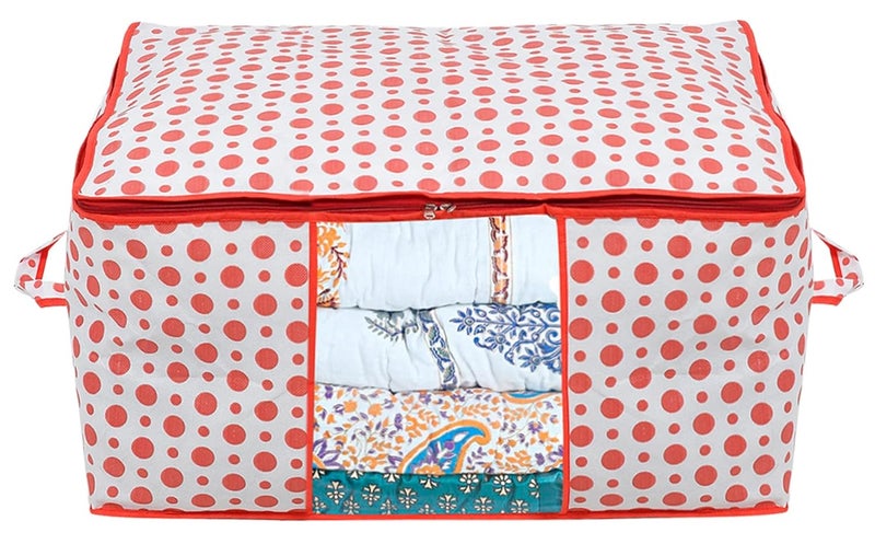 Kuber Industries Dot Printed Multiuses Non Woven UnderbedStorage BagOrganizer With Transparent Window Handle Pink46KM0589 - Image 2