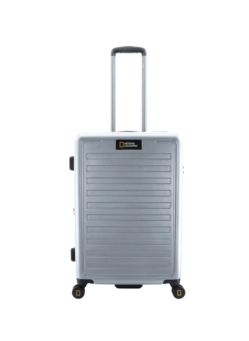 NATIONAL GEOGRAPHIC National Geographic Cruise 100% PC Hardshell Medium Check-In Suitcase Silver, Durable Lightweight TSA Combination Lock Travel Luggage, 4 Quite Spinner Wheel Trolley Bag (24 Inch).