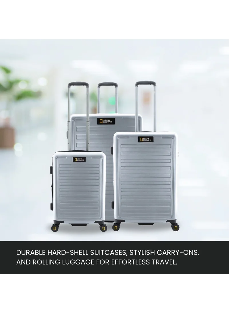NATIONAL GEOGRAPHIC National Geographic Cruise 100% PC Hardshell Medium Check-In Suitcase Silver, Durable Lightweight TSA Combination Lock Travel Luggage, 4 Quite Spinner Wheel Trolley Bag (24 Inch).