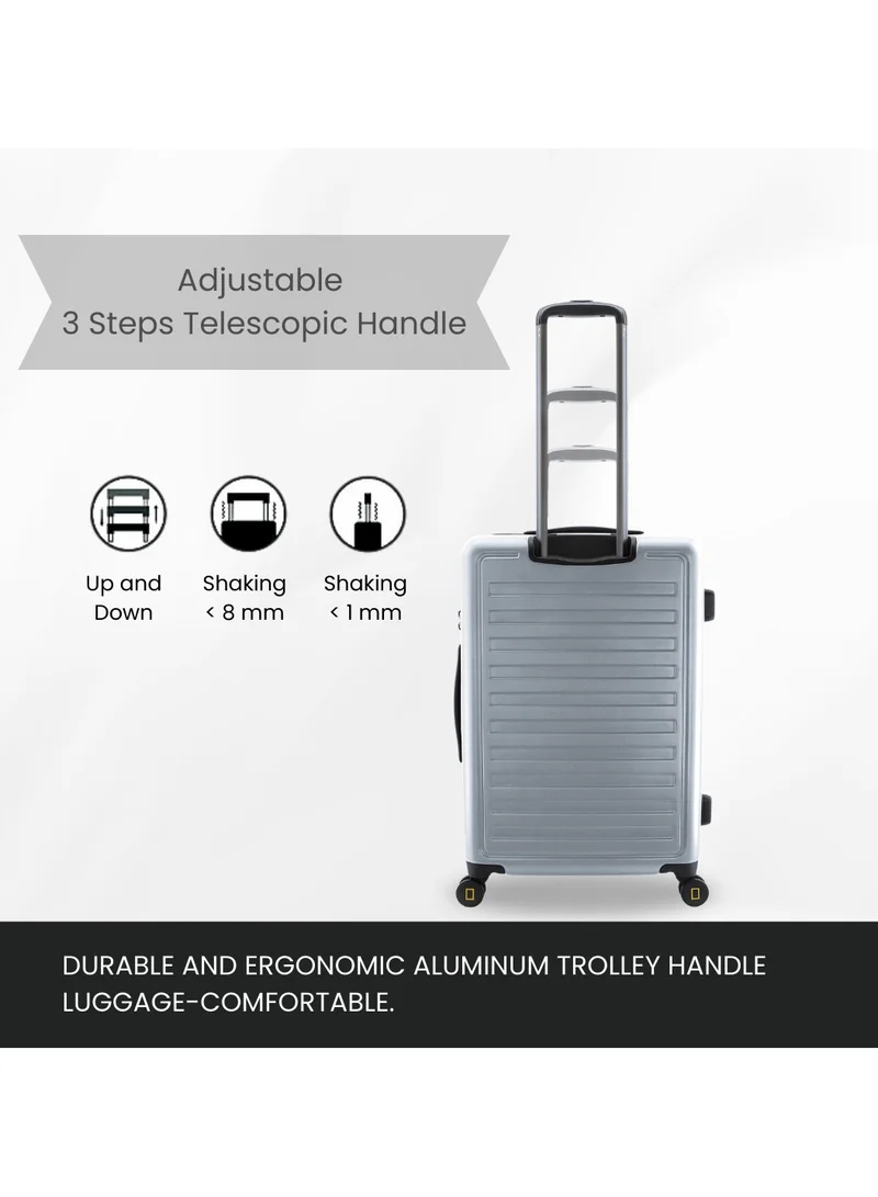 NATIONAL GEOGRAPHIC National Geographic Cruise 100% PC Hardshell Medium Check-In Suitcase Silver, Durable Lightweight TSA Combination Lock Travel Luggage, 4 Quite Spinner Wheel Trolley Bag (24 Inch).