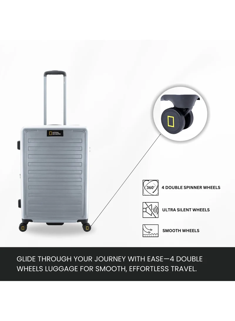 NATIONAL GEOGRAPHIC National Geographic Cruise 100% PC Hardshell Medium Check-In Suitcase Silver, Durable Lightweight TSA Combination Lock Travel Luggage, 4 Quite Spinner Wheel Trolley Bag (24 Inch).