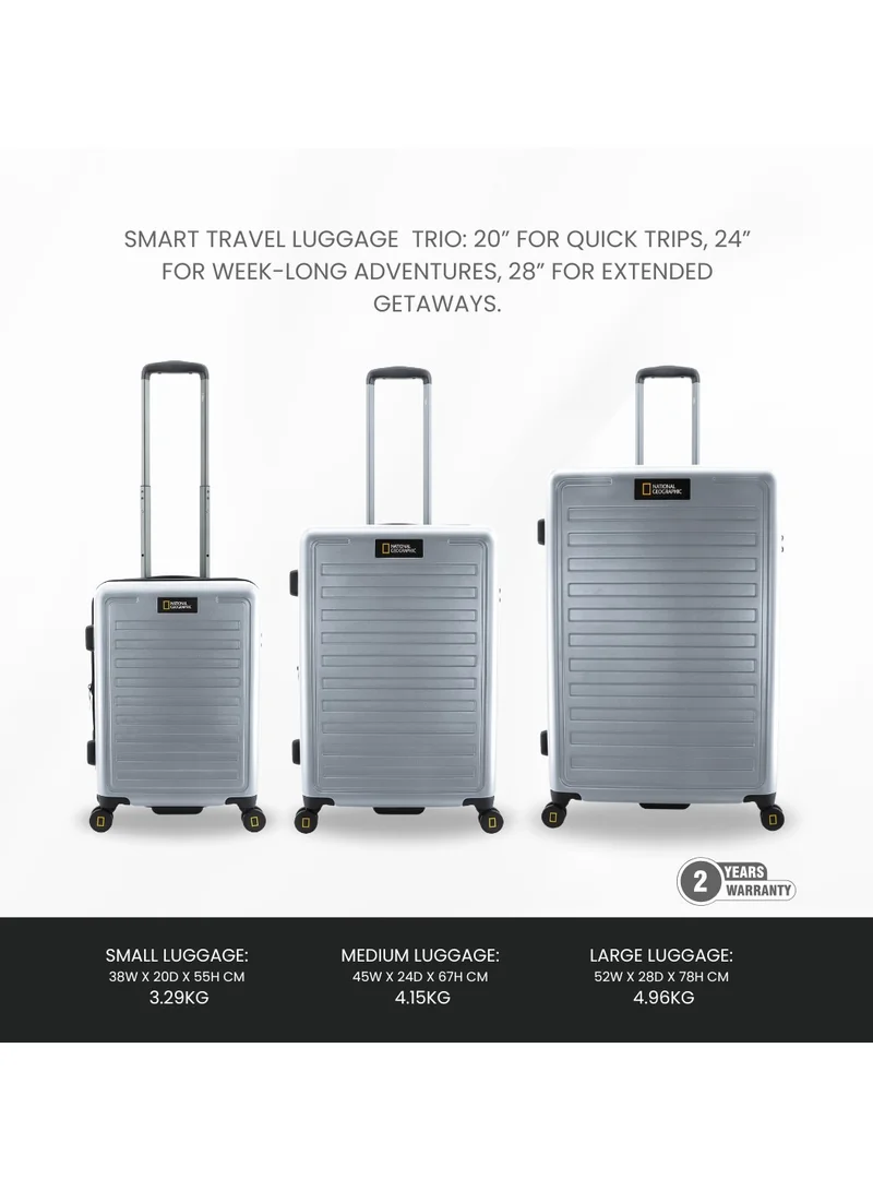NATIONAL GEOGRAPHIC National Geographic Cruise 100% PC Hardshell Medium Check-In Suitcase Silver, Durable Lightweight TSA Combination Lock Travel Luggage, 4 Quite Spinner Wheel Trolley Bag (24 Inch).