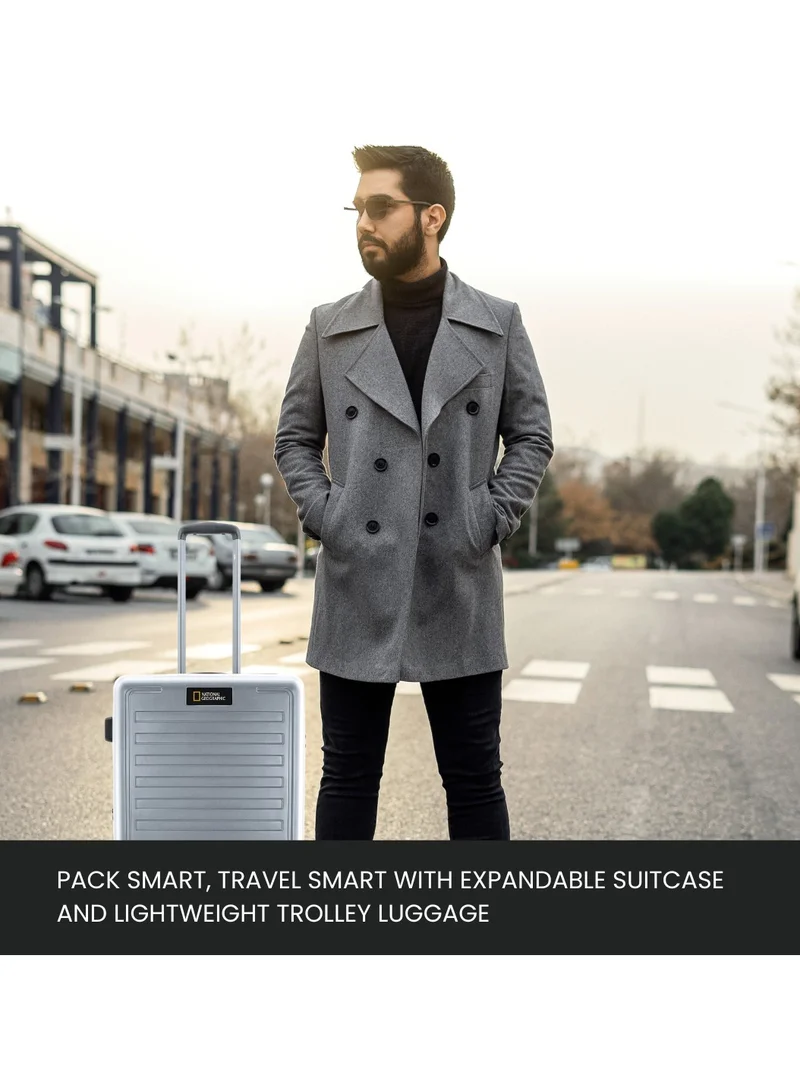 NATIONAL GEOGRAPHIC National Geographic Cruise 100% PC Hardshell Medium Check-In Suitcase Silver, Durable Lightweight TSA Combination Lock Travel Luggage, 4 Quite Spinner Wheel Trolley Bag (24 Inch).