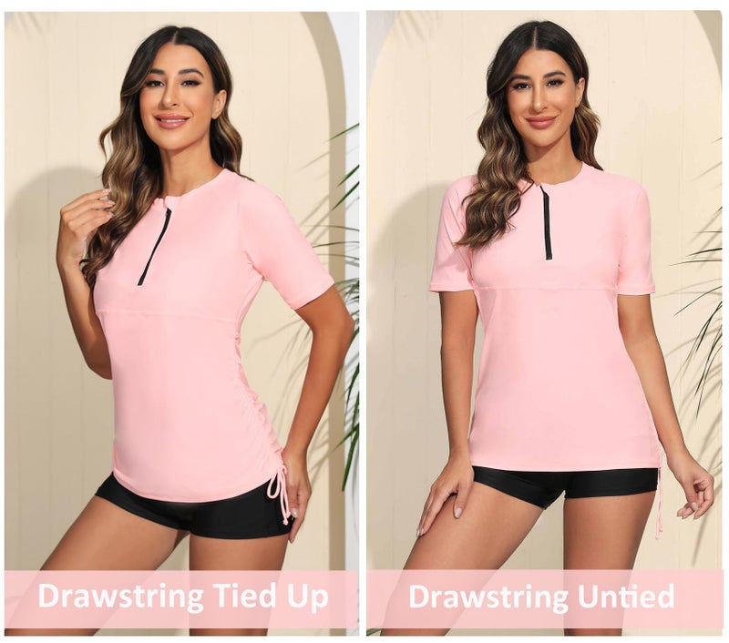 Halcurt Women's Half Zip Short Sleeve Rash Guard Swimsuit Top Ruched Swim Shirt UPF50+ Quick Dry Bathing Suit Light Pink L - Image 2