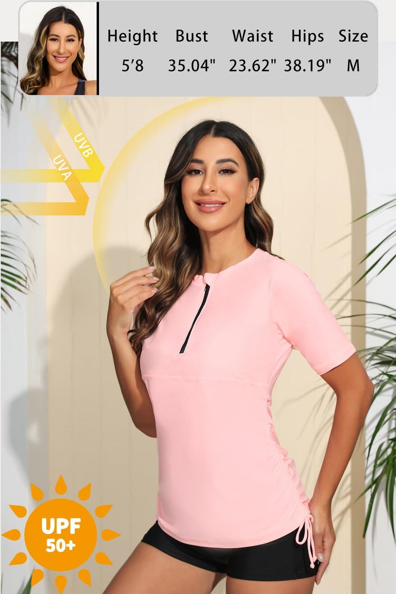 Halcurt Women's Half Zip Short Sleeve Rash Guard Swimsuit Top Ruched Swim Shirt UPF50+ Quick Dry Bathing Suit Light Pink L - Image 3