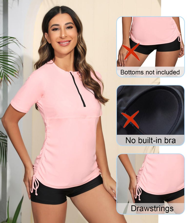 Halcurt Women's Half Zip Short Sleeve Rash Guard Swimsuit Top Ruched Swim Shirt UPF50+ Quick Dry Bathing Suit Light Pink L - Image 4