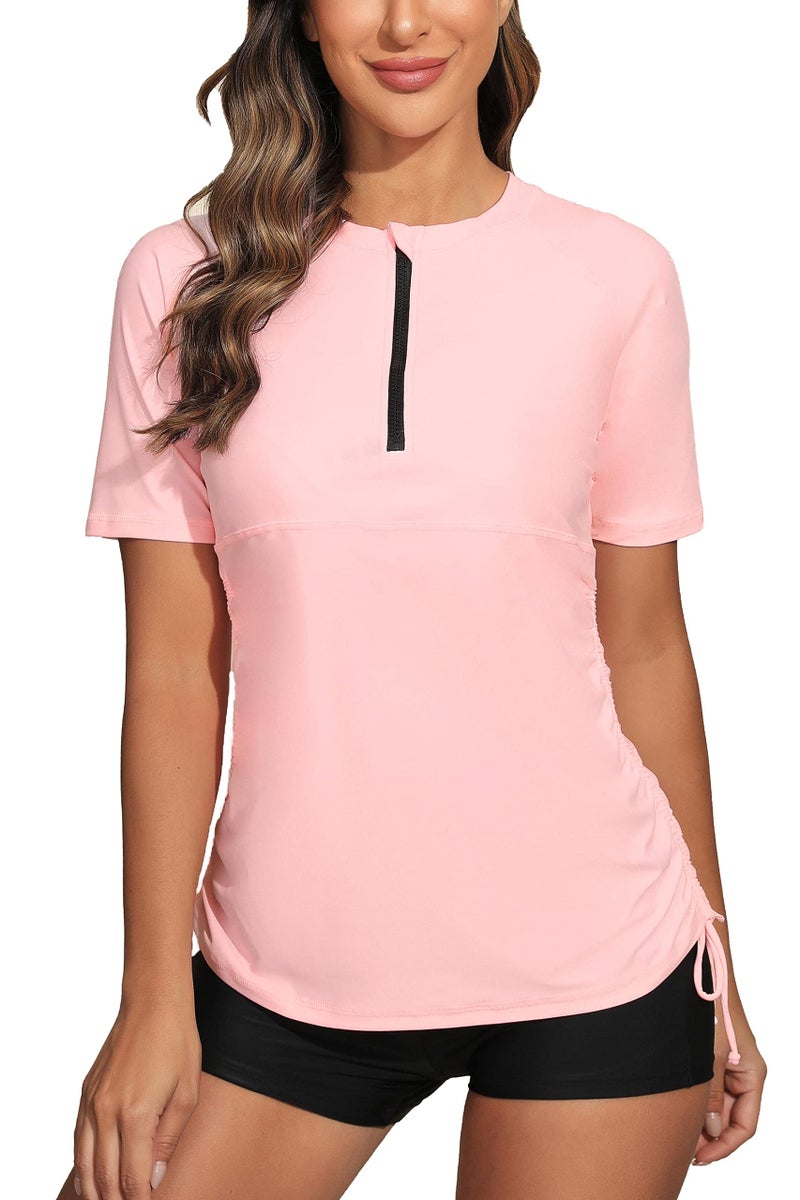 Halcurt Women's Half Zip Short Sleeve Rash Guard Swimsuit Top Ruched Swim Shirt UPF50+ Quick Dry Bathing Suit Light Pink L - Image 1