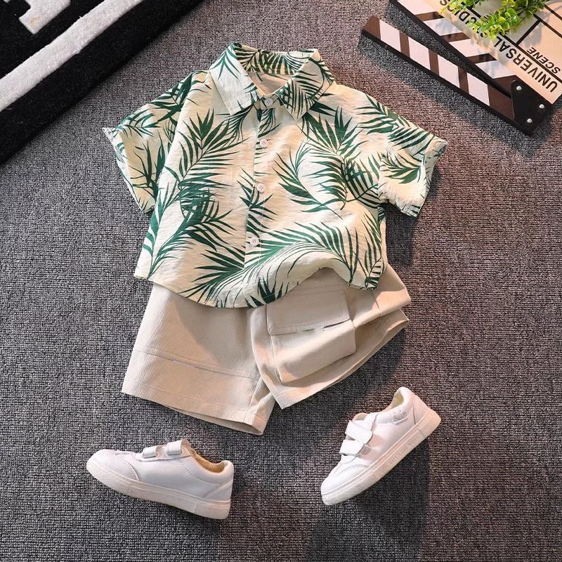 Kids Summer Beach Shirt Shorts Set Green