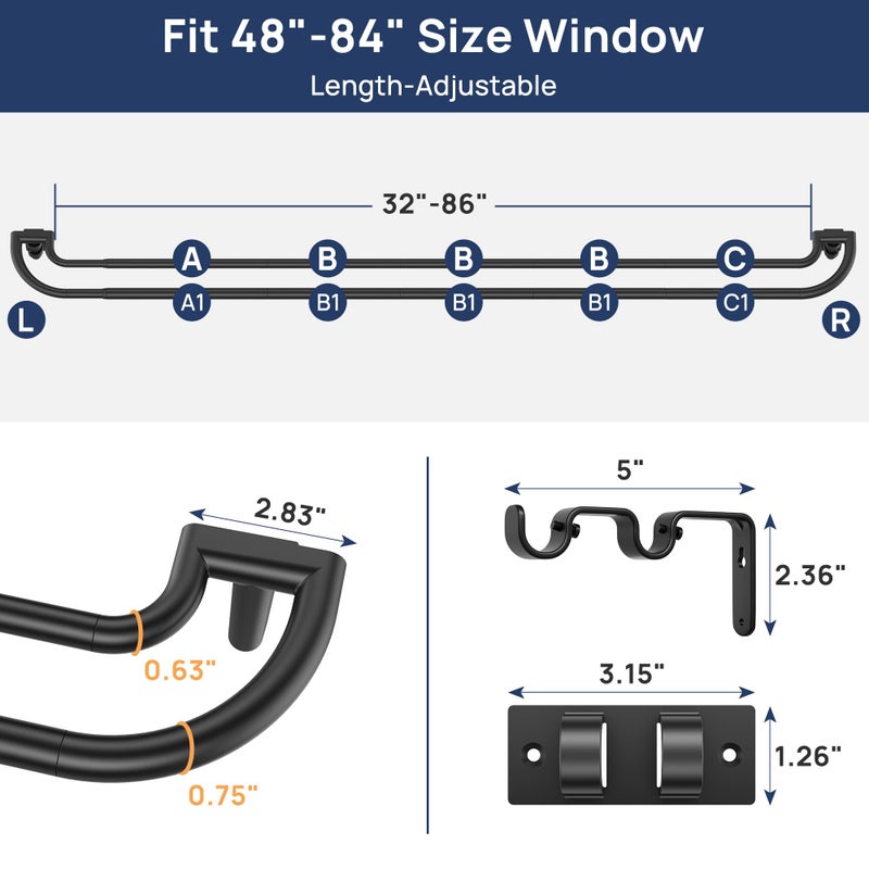 ENJOYBASICS Double Curtain Rodï¼ŒBlackout Wrap-Around Curtain Rods for Windows 48 to 84 Inchï¼ŒAdjustable from 32 to 86 Inch for Room Darkening Curtains, Matte Black - Image 2