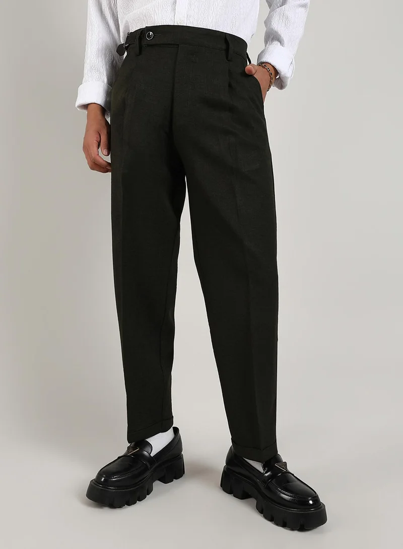 Campus Sutra Campus Sutra Men's Juniper Green Tailored Linen-Blend Trousers For Casual Wear | Tailored-Fit | Mid-Rise | Button Closure | Trousers Crafted With Comfort Fit For Everyday Wear
