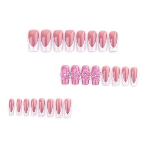 Foccna French Press on Nails Medium Long Pink Fake Nails Square Bling Glossy 3D Flower Design False Nail Tips Artificial Nails Finger Manicure for Women and Girls24pcs - Image 3
