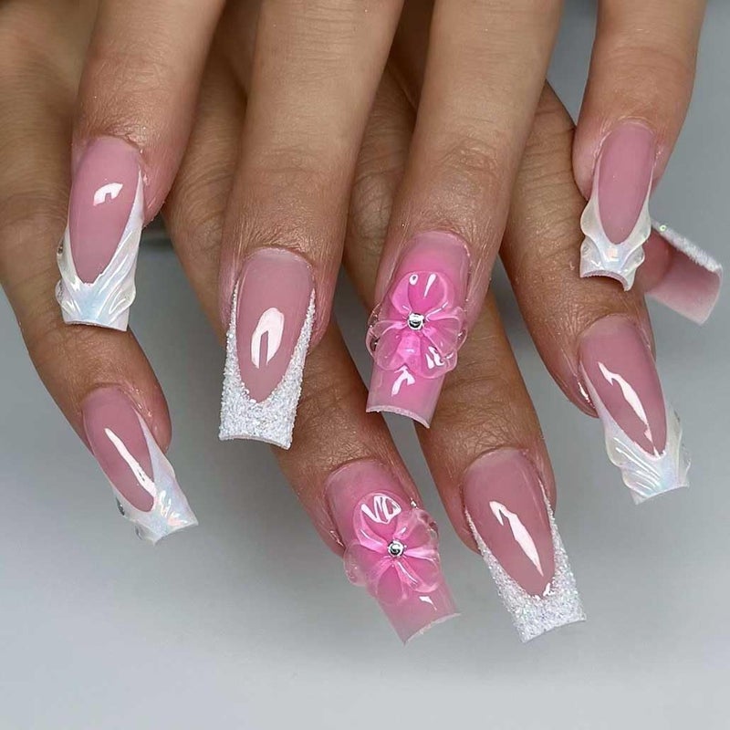 Foccna French Press on Nails Medium Long Pink Fake Nails Square Bling Glossy 3D Flower Design False Nail Tips Artificial Nails Finger Manicure for Women and Girls24pcs - Image 2