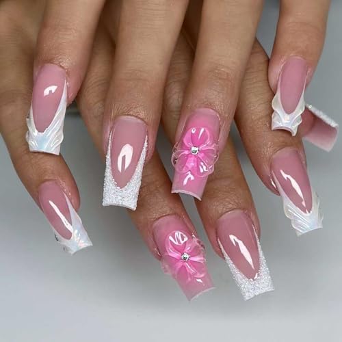 Foccna French Press on Nails Medium Long Pink Fake Nails Square Bling Glossy 3D Flower Design False Nail Tips Artificial Nails Finger Manicure for Women and Girls24pcs - Image 1