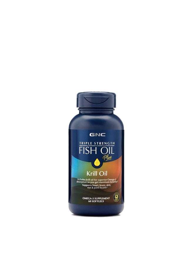 GNC - GNC Triple Strength Fish Oil Plus Krill Oil | Includes Krill Oil for Superior Omega-3 Absorption, Supports Heart, Brain, Skin, Eye, and Joint Health | 60 Softgels - Image 1