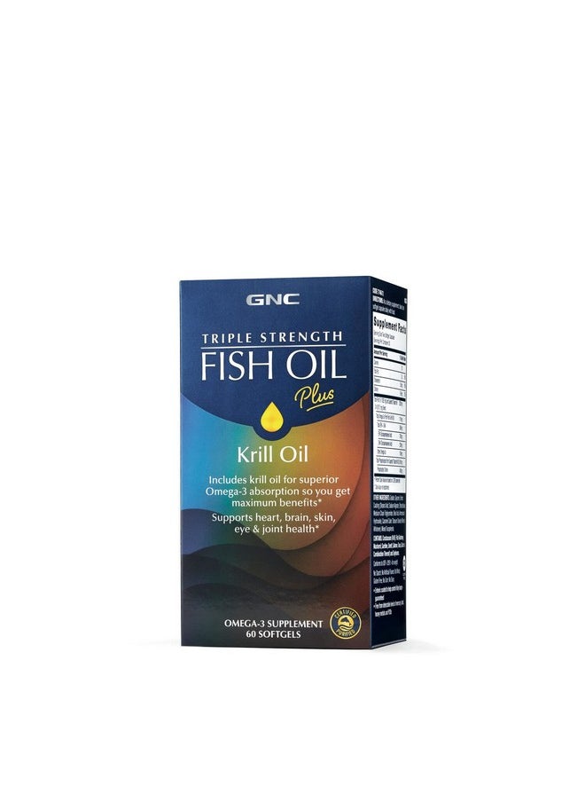 GNC - GNC Triple Strength Fish Oil Plus Krill Oil | Includes Krill Oil for Superior Omega-3 Absorption, Supports Heart, Brain, Skin, Eye, and Joint Health | 60 Softgels - Image 1