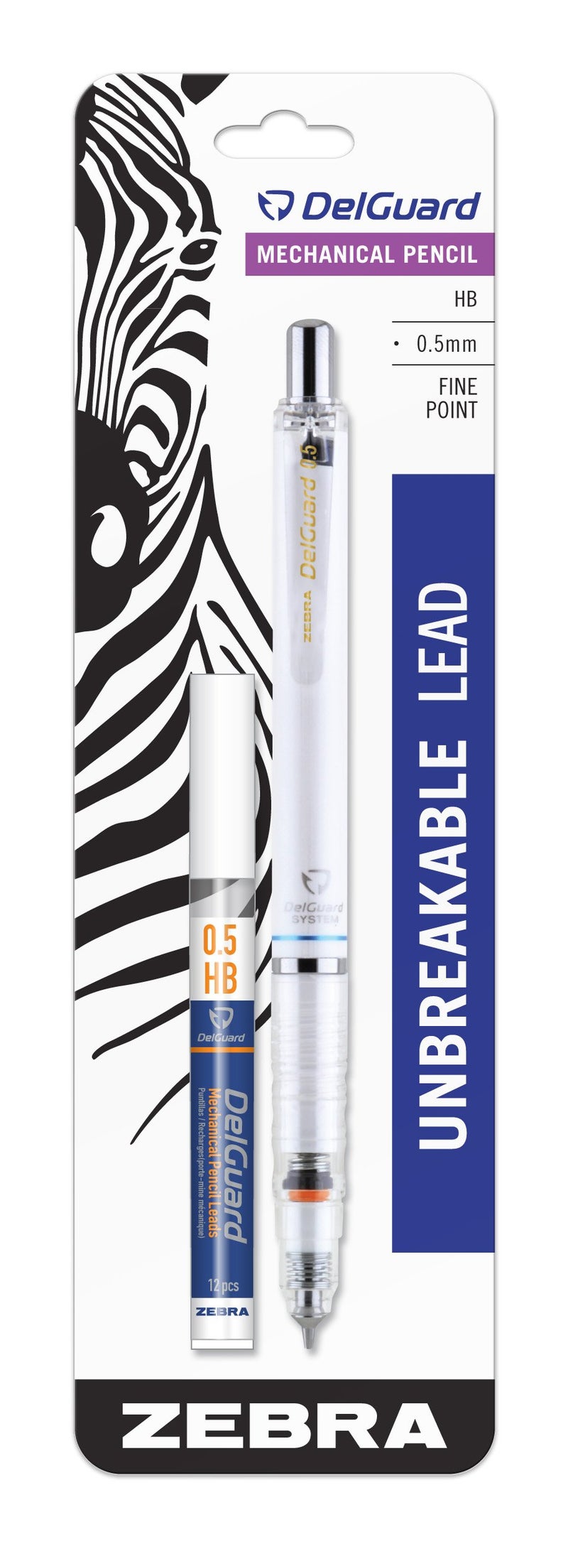 Zebra Pen قلم رصاص ميكانيكي زيبرا ديلغارد 1-عبوة مع إعادة تعبئة، 0.5 مم، برميل أبيض، آلية زنبركية مزدوجة تقاوم كسر الرصاص، مشبك لحمل سهل (58691) - Image 1
