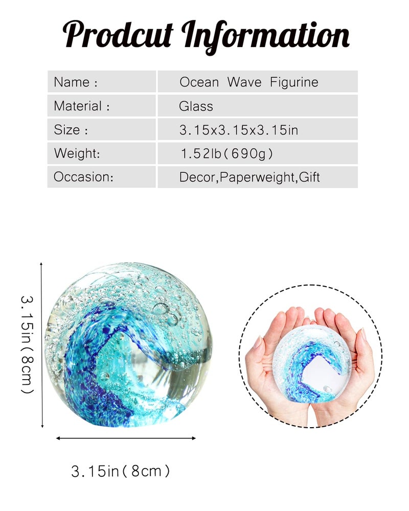 Bdor Hand Blown Glass Sphere Ocean Waves, Blue Paperweight, Decorative Ball, Sea Glass Art, Crystal Collectible, Home & Office Decor, Gift, Mother Day - Image 3