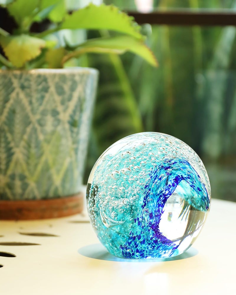 Bdor Hand Blown Glass Sphere Ocean Waves, Blue Paperweight, Decorative Ball, Sea Glass Art, Crystal Collectible, Home & Office Decor, Gift, Mother Day - Image 1