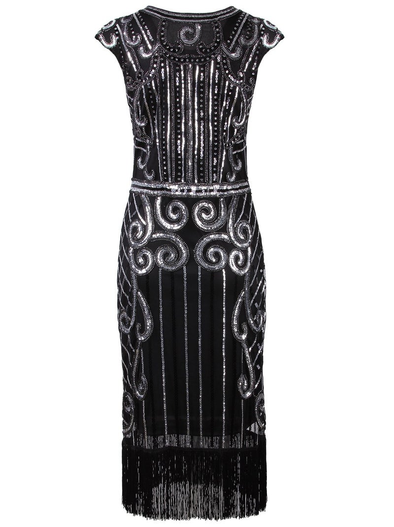 Vijiv 1920s Vintage Inspired Sequin Embellished Fringe Long Gatsby Flapper Dress,Black,Small - Image 3