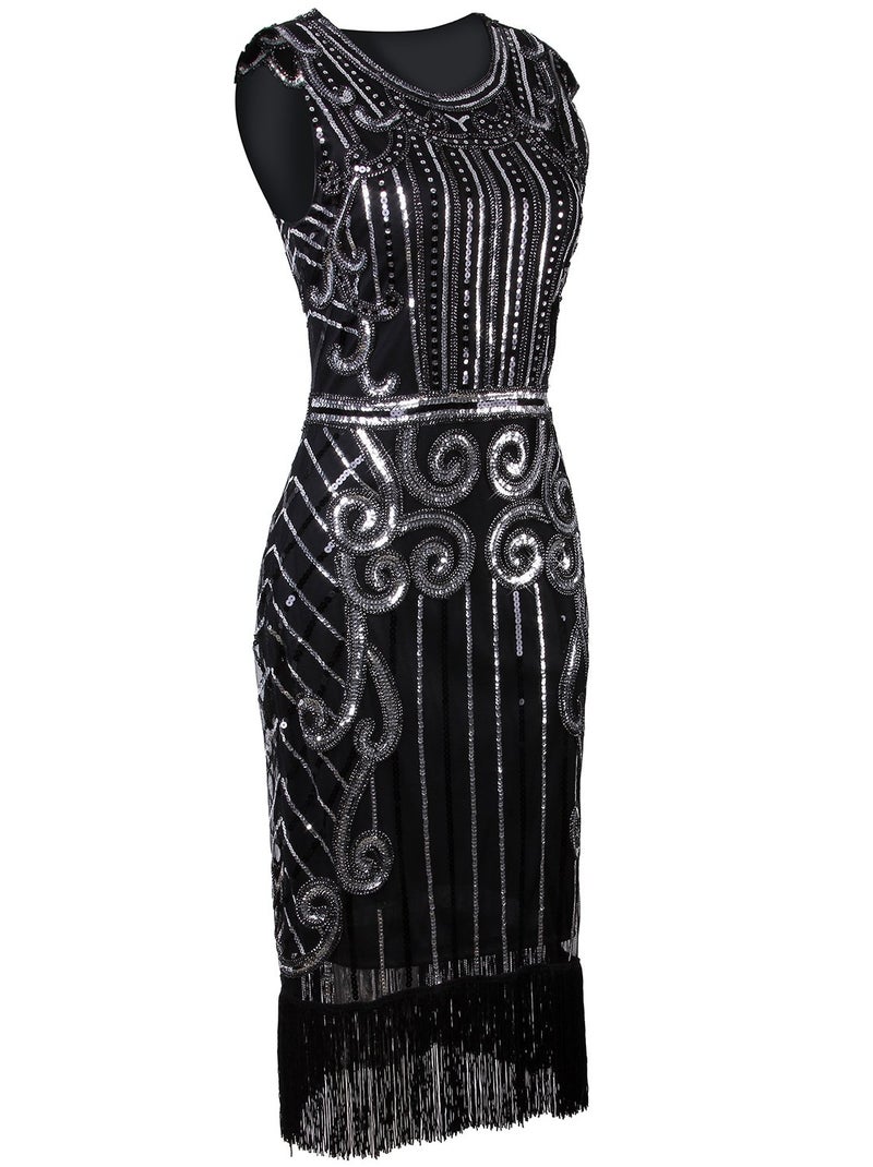 Vijiv 1920s Vintage Inspired Sequin Embellished Fringe Long Gatsby Flapper Dress,Black,Small - Image 2