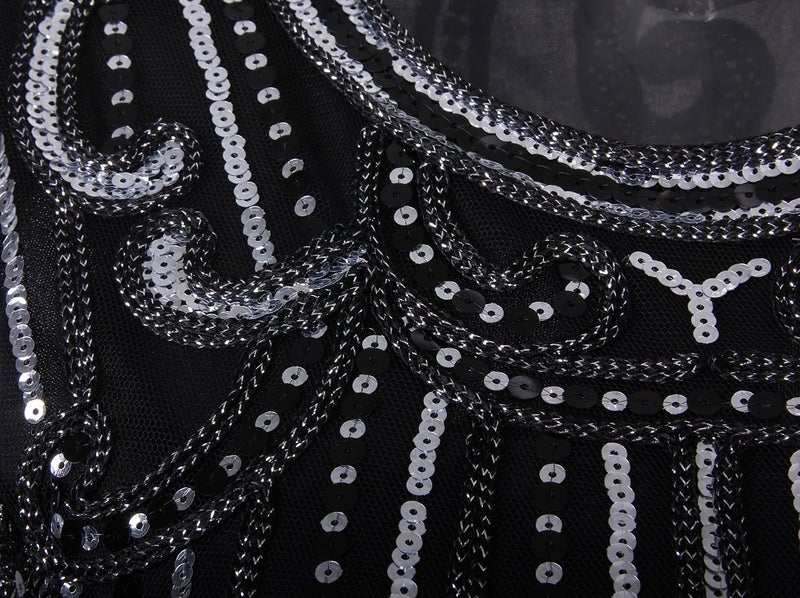 Vijiv 1920s Vintage Inspired Sequin Embellished Fringe Long Gatsby Flapper Dress,Black,Small - Image 4