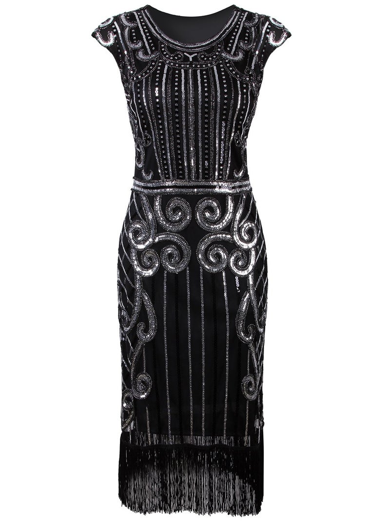 Vijiv 1920s Vintage Inspired Sequin Embellished Fringe Long Gatsby Flapper Dress,Black,Small - Image 1