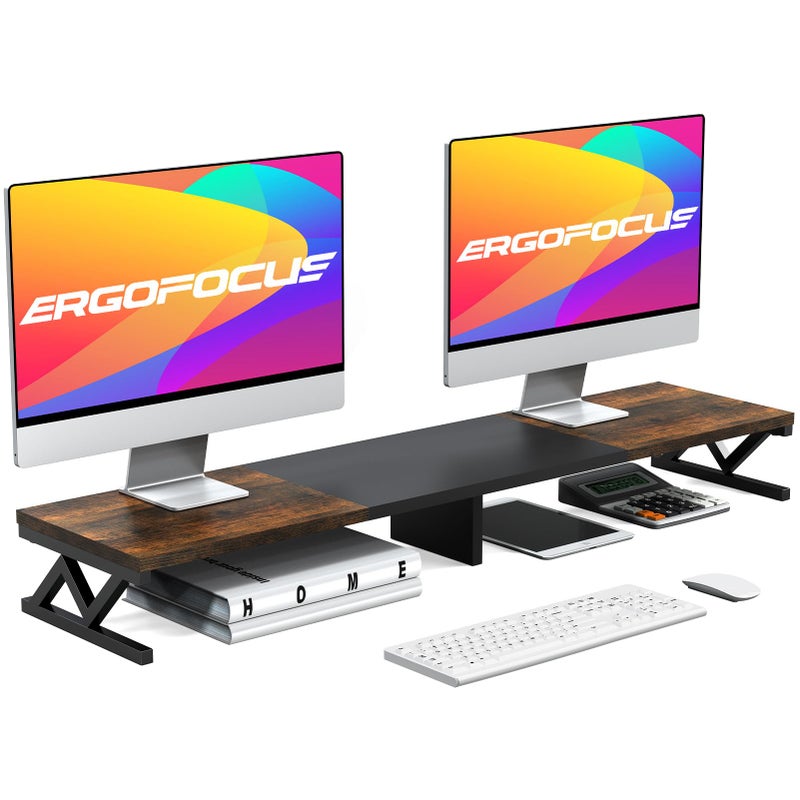 ErgoFocus Dual Monitor Stand Riser, Large Wood Monitor Riser for 2 Monitors, Monitor Lift with Storage for Desk, Sturdy Wood&Steel Multi Screen Stand, Desktop Organizer Monitor Stand for Computer - Image 1
