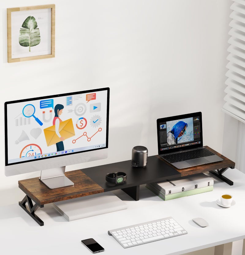 ErgoFocus Dual Monitor Stand Riser, Large Wood Monitor Riser for 2 Monitors, Monitor Lift with Storage for Desk, Sturdy Wood&Steel Multi Screen Stand, Desktop Organizer Monitor Stand for Computer - Image 5