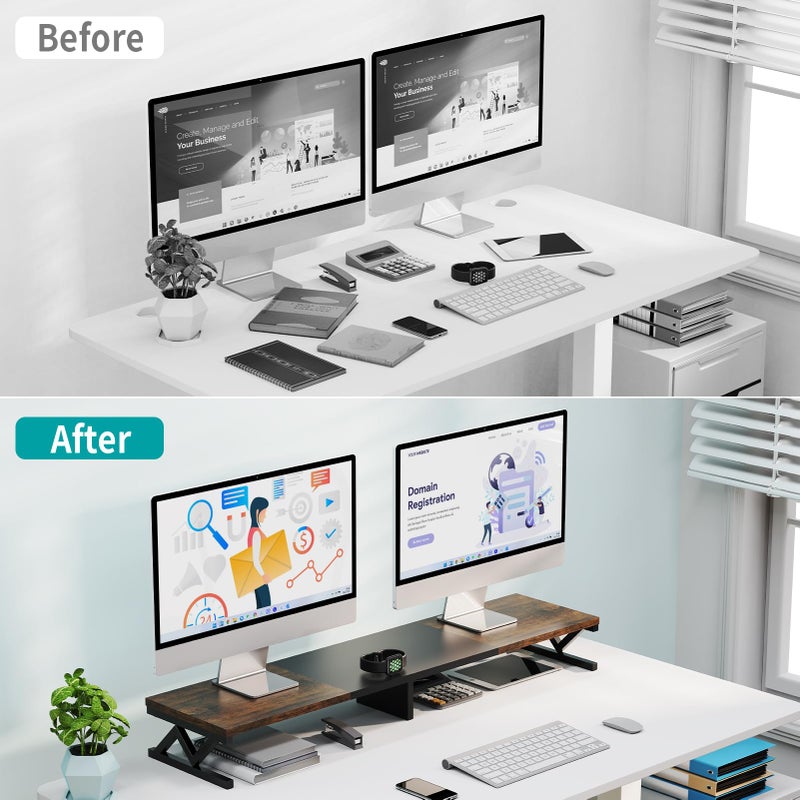 ErgoFocus Dual Monitor Stand Riser, Large Wood Monitor Riser for 2 Monitors, Monitor Lift with Storage for Desk, Sturdy Wood&Steel Multi Screen Stand, Desktop Organizer Monitor Stand for Computer - Image 3