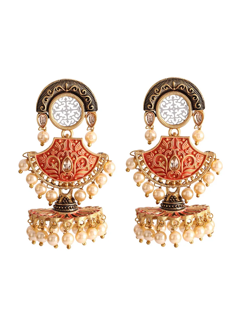 ISHIN Gold-Toned & Orange Jhumkas Earrings
