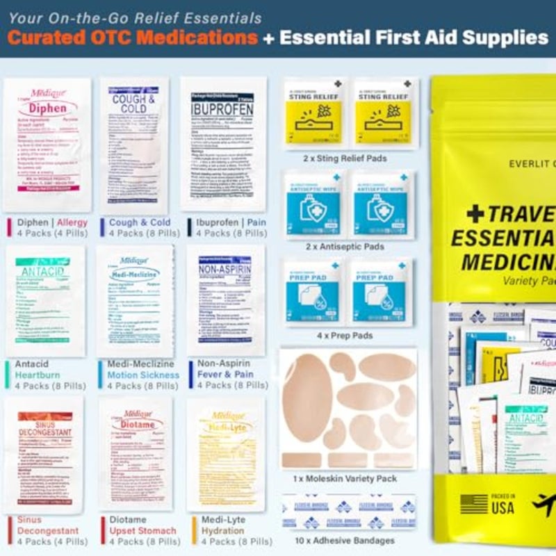 Travel Essential Medicine First Aid Kit I Bonus Medical Supplies I TSA Compliant Mini Size Medkit for Traveling Camping Trips Individually Packed 64 Tablets Refill Pack - Image 2