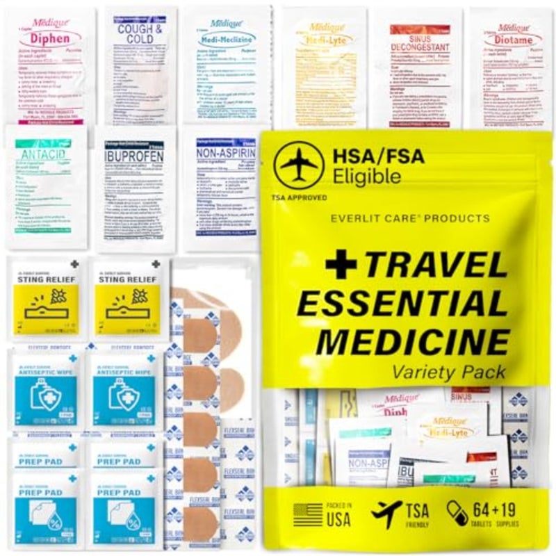 Travel Essential Medicine First Aid Kit I Bonus Medical Supplies I TSA Compliant Mini Size Medkit for Traveling Camping Trips Individually Packed 64 Tablets Refill Pack - Image 1