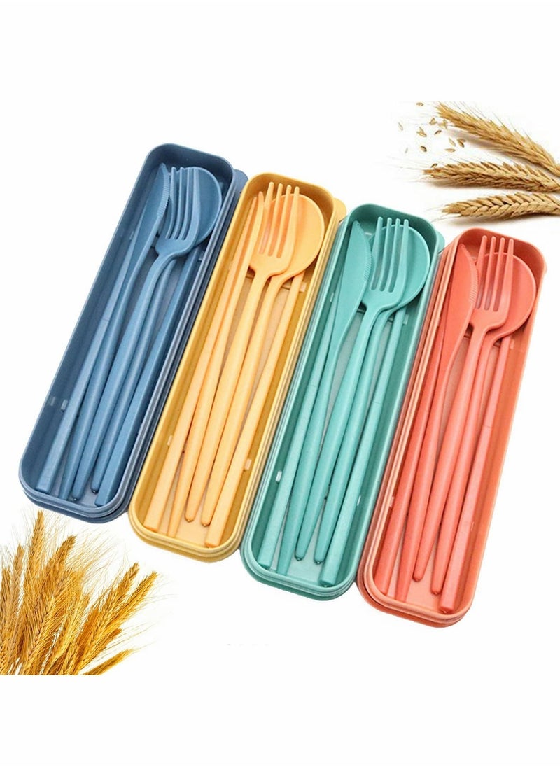 Wheat Straw Cutlery, 4 Sets Portable Cutlery Set, Reusable Travel Flatware Set, for Lunch Boxes Workplace Camping School Picnic or Daily Use(4 Colors, With Storage Box) - Image 1