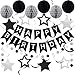 meowtastic Birthday Decorations Happy Birthday Banner with Honeycomb Balls Star Hanging Swirl Streamer Circle Dot Garland Happy Birthday Party Decoration for Women Men Boys Girls Black Silver - Image 3