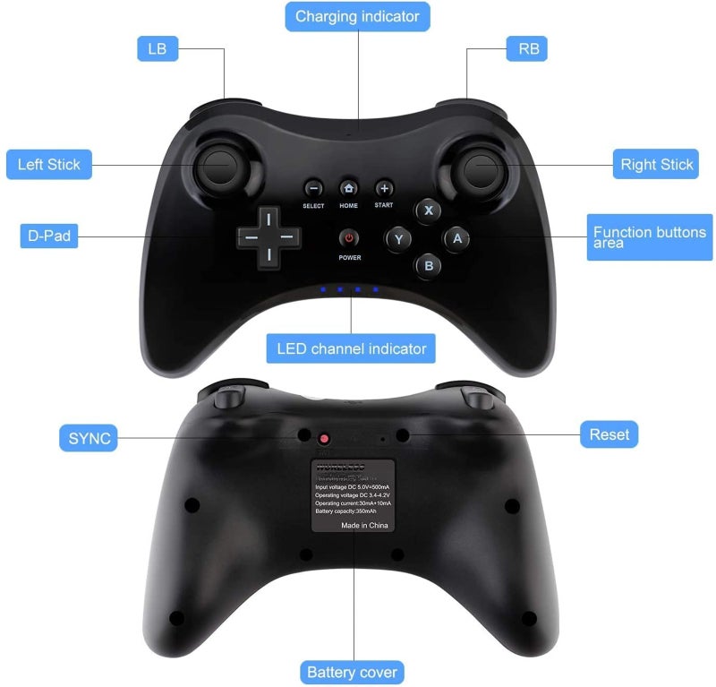 Wii U Pro Controller: Black Wireless Gamepad With 500mAh Rechargeable Battery - 10M Bluetooth Range, Ergonomic Design for Wii U Console Gaming & System Operations - Image 5