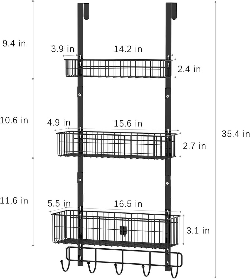 CADUKE Over The Door Organizer Black Over The Door Hooks with Basket Storage Door Towel Racks for Bathroom Door Storage Rack with 5 Hooks 3-Tier Door Hanger Basket for Kitchen - Image 1