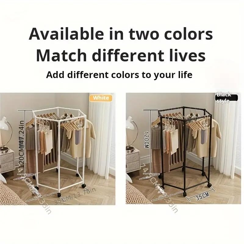 Loop Group 360° Rotating Clothes Hanger with Wheels - Sturdy 16mm Metal Frame, Hexagonal Design, Portable Freestanding Garment Rack for Efficient Storage deal for Bedroom Closet Clothes Hanger (White) - Image 5