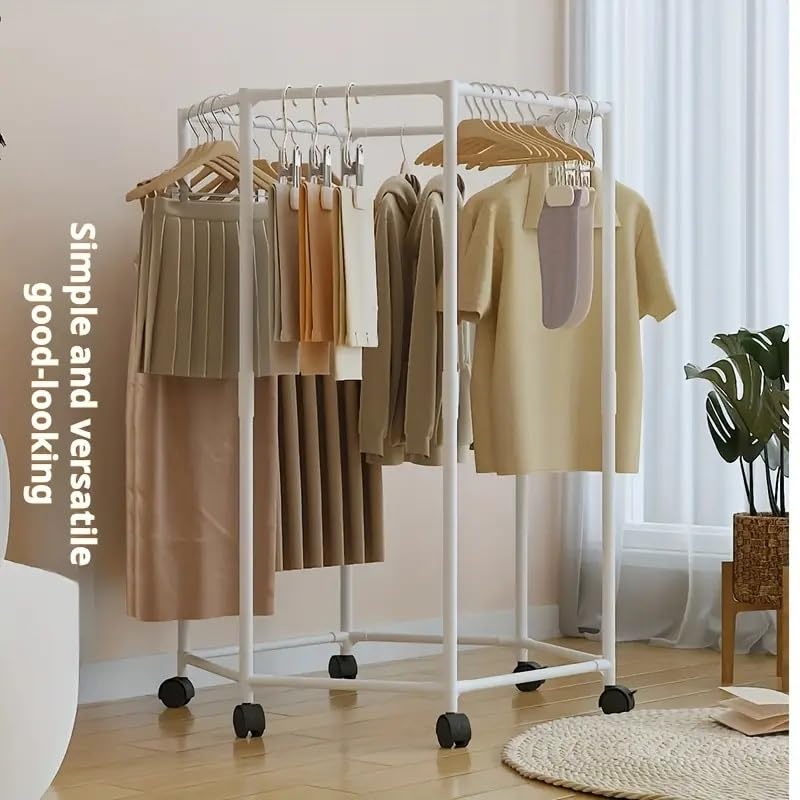 Loop Group 360° Rotating Clothes Hanger with Wheels - Sturdy 16mm Metal Frame, Hexagonal Design, Portable Freestanding Garment Rack for Efficient Storage deal for Bedroom Closet Clothes Hanger (White) - Image 4