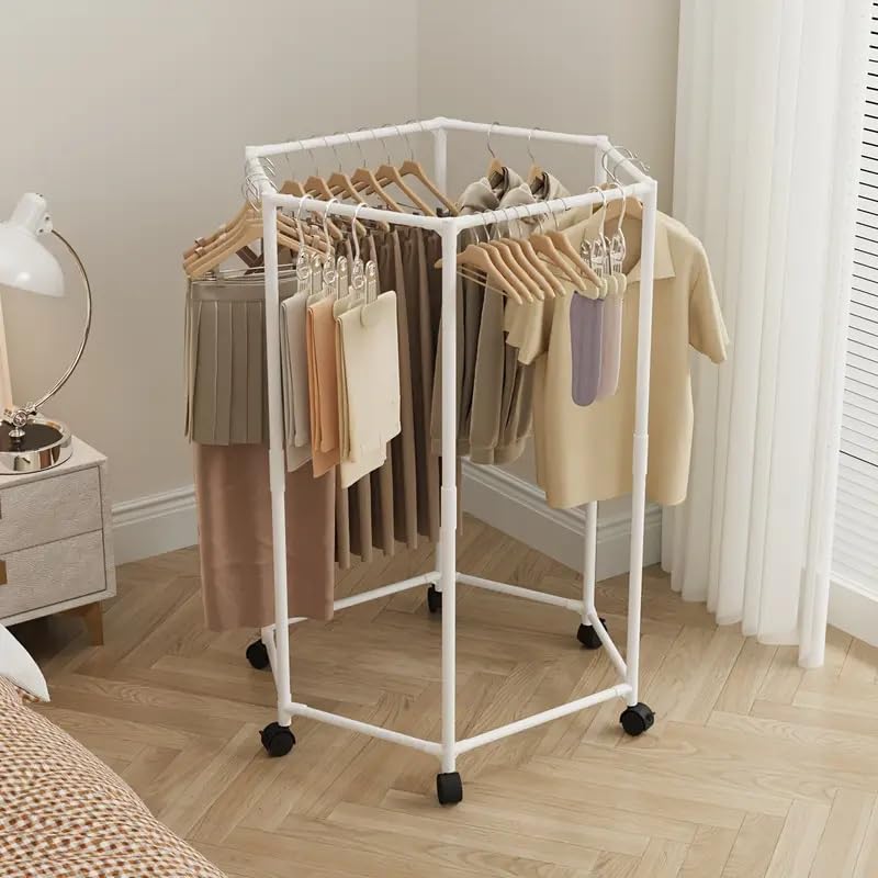 Loop Group 360° Rotating Clothes Hanger with Wheels - Sturdy 16mm Metal Frame, Hexagonal Design, Portable Freestanding Garment Rack for Efficient Storage deal for Bedroom Closet Clothes Hanger (White) - Image 1
