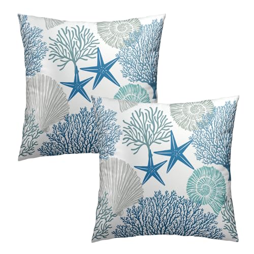 Sweetshow Summer Ocean Themed Nautical Coastal Throw Pillow Covers 18X18 Inches Set of 2 Blue Seashell Starfish Coral Pillowcase Soft Cotton Square Cushion Covers for Home Sofa Patio Bedroom Decoration - Image 2