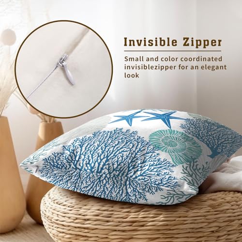 Sweetshow Summer Ocean Themed Nautical Coastal Throw Pillow Covers 18X18 Inches Set of 2 Blue Seashell Starfish Coral Pillowcase Soft Cotton Square Cushion Covers for Home Sofa Patio Bedroom Decoration - Image 4