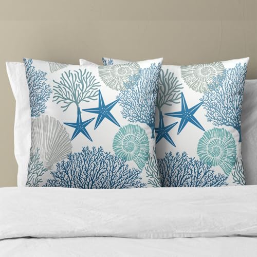 Sweetshow Summer Ocean Themed Nautical Coastal Throw Pillow Covers 18X18 Inches Set of 2 Blue Seashell Starfish Coral Pillowcase Soft Cotton Square Cushion Covers for Home Sofa Patio Bedroom Decoration - Image 3