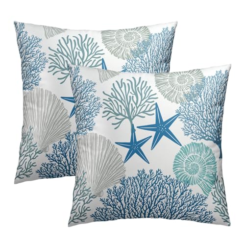 Sweetshow Summer Ocean Themed Nautical Coastal Throw Pillow Covers 18X18 Inches Set of 2 Blue Seashell Starfish Coral Pillowcase Soft Cotton Square Cushion Covers for Home Sofa Patio Bedroom Decoration - Image 1
