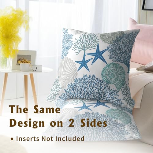 Sweetshow Summer Ocean Themed Nautical Coastal Throw Pillow Covers 18X18 Inches Set of 2 Blue Seashell Starfish Coral Pillowcase Soft Cotton Square Cushion Covers for Home Sofa Patio Bedroom Decoration - Image 5