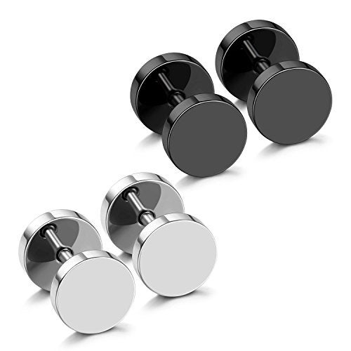 JewelrieShop Black Faux Gauges Plugs Earrings for Men Stainless Steel Dot Disc Studs Circle Flat Back Cheater Tunnel Dumbbell Earrings Women(18 Gauges,2 Pairs,7mm,Black and Silver) - Image 1